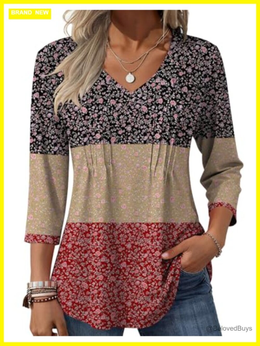 Zeagoo Womens 3/4 Sleeve V Neck Pleated Boho Floral Blouse